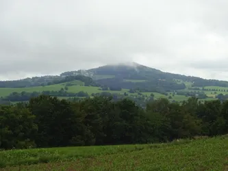 Die markante Kuppe des Wachtküppels unter tief hängenden Wolken, davor Wiesen und Wald