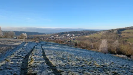 Raureif auf dem Feld mit zwei Fahrspuren, unten im Tal der Ort vor bewaldeten Höhen