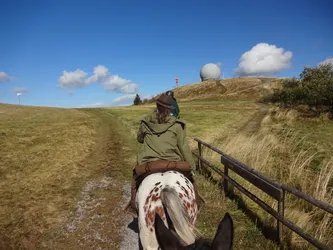 Zwei Reiter auf dem Weg zur Wasserkuppe hinauf, rechts ein Holzgeländer, oben das Radom