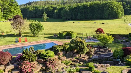 Blick von oben auf den Garten des Gasthauses mit Pool und Steingarten, dahinter die Weide