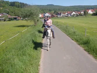 Blick zwischen den Ohren des Pferdes auf die Gruppe, die den Ortsrand entlangreitet