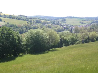 Blick über bewaldete Hänge ins Tal auf einen Ort in der Ferne