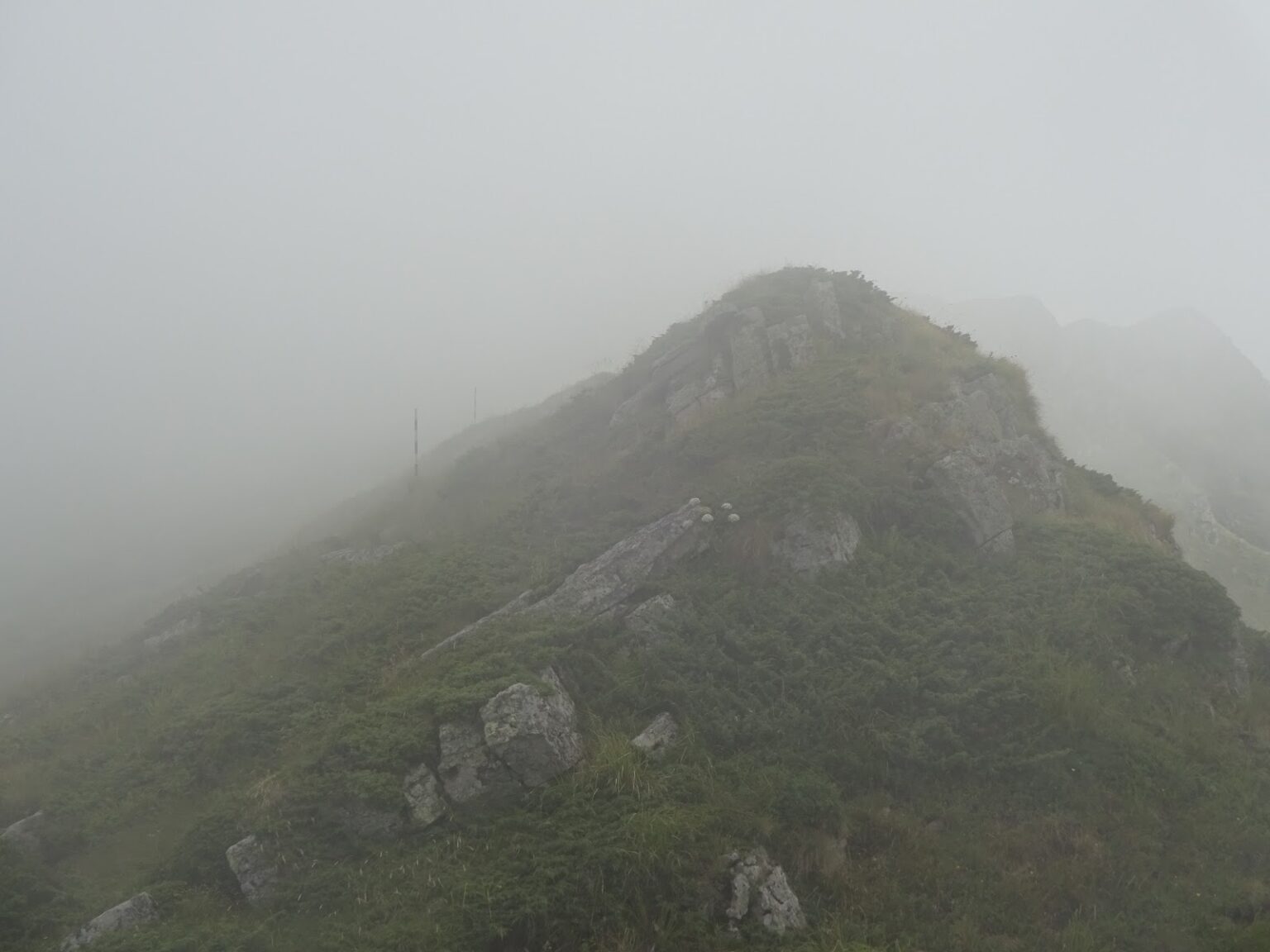 Felsiger Gipfelgrat, der im Nebel verschwindet