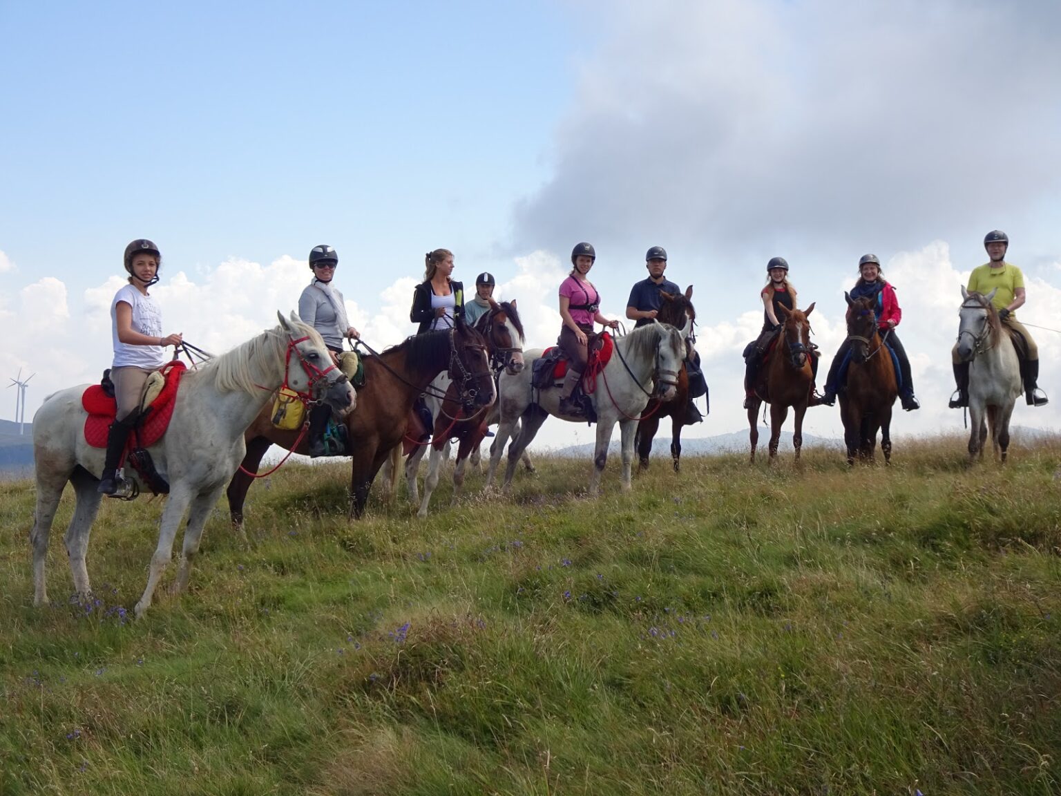 Die Reitgruppe des Balkantrails nebeneinander auf einer Bergwiese, acht Reiterinnen und Reiter auf Pferden unterschiedlicher Größe