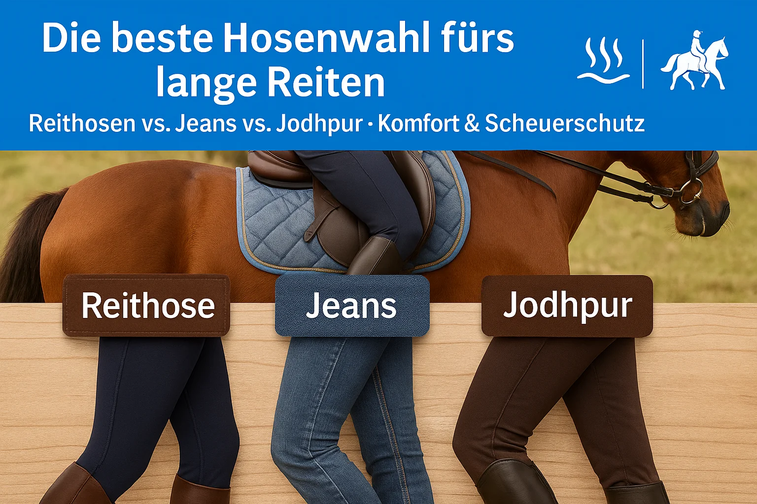 Vergleich dreier Hosentypen im Sattel: Reithose, Jeans und Jodhpurhose, jeweils an Beinen mit Reitstiefeln, darüber ein gesatteltes Pferd