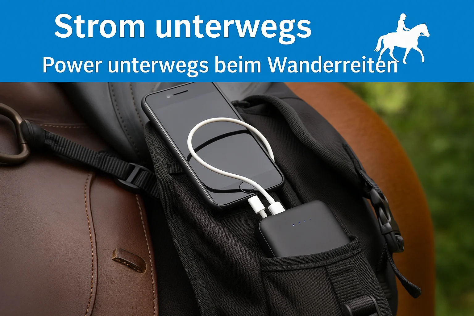Smartphone, das über ein Kabel an einer Powerbank lädt, auf einer schwarzen Satteltasche neben einem braunen Ledersattel