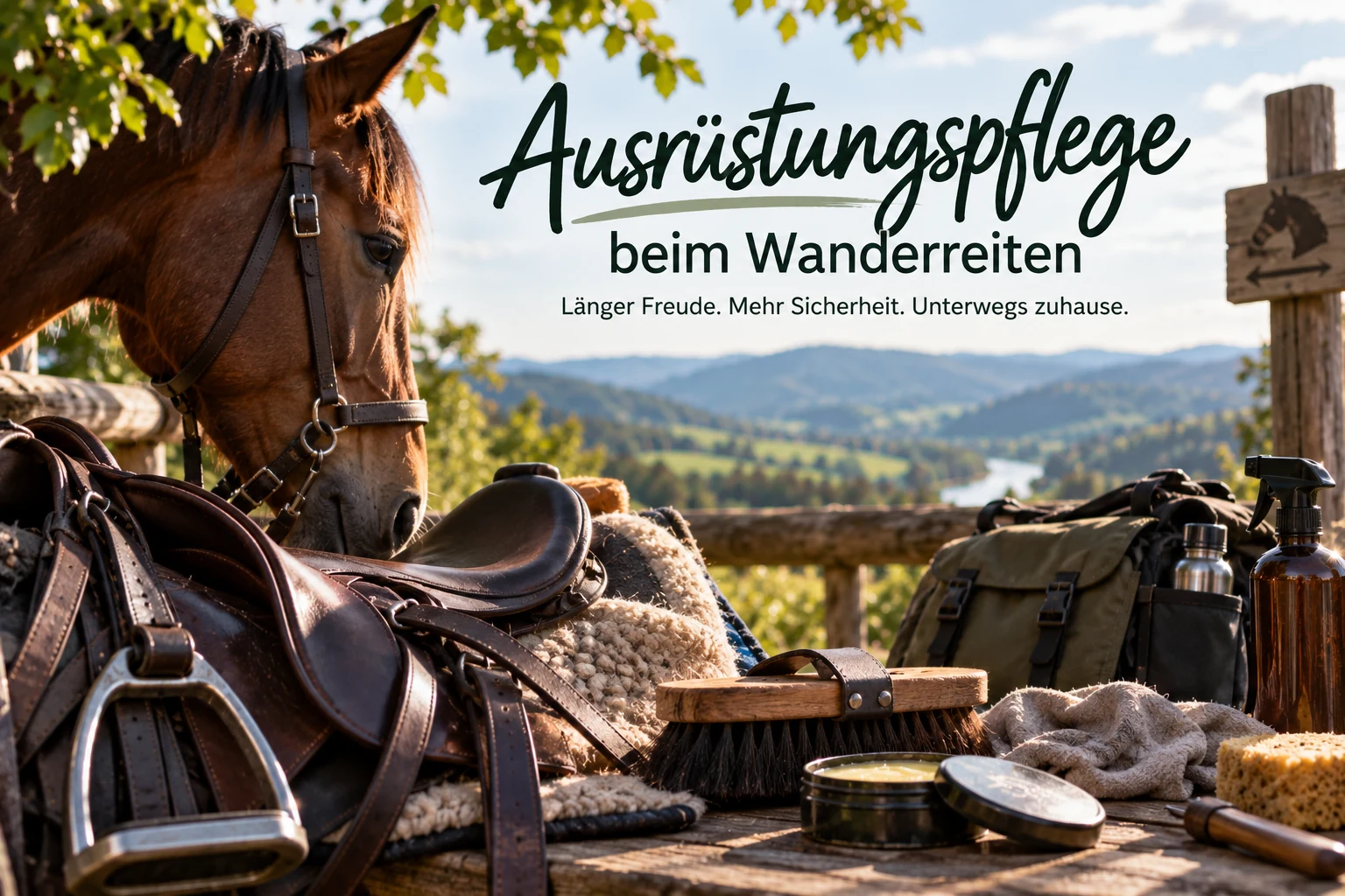 Ledersattel, Trense, Bürste, Lederfett und Satteltaschen auf einem Holztisch, dahinter ein braunes Pferd und der Blick in ein bewaldetes Tal