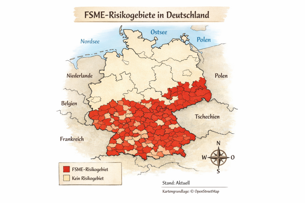 Karte der FSME-Risikogebiete in Deutschland: rot eingefärbt vor allem Bayern, Baden-Württemberg, Südhessen, Thüringen und Sachsen