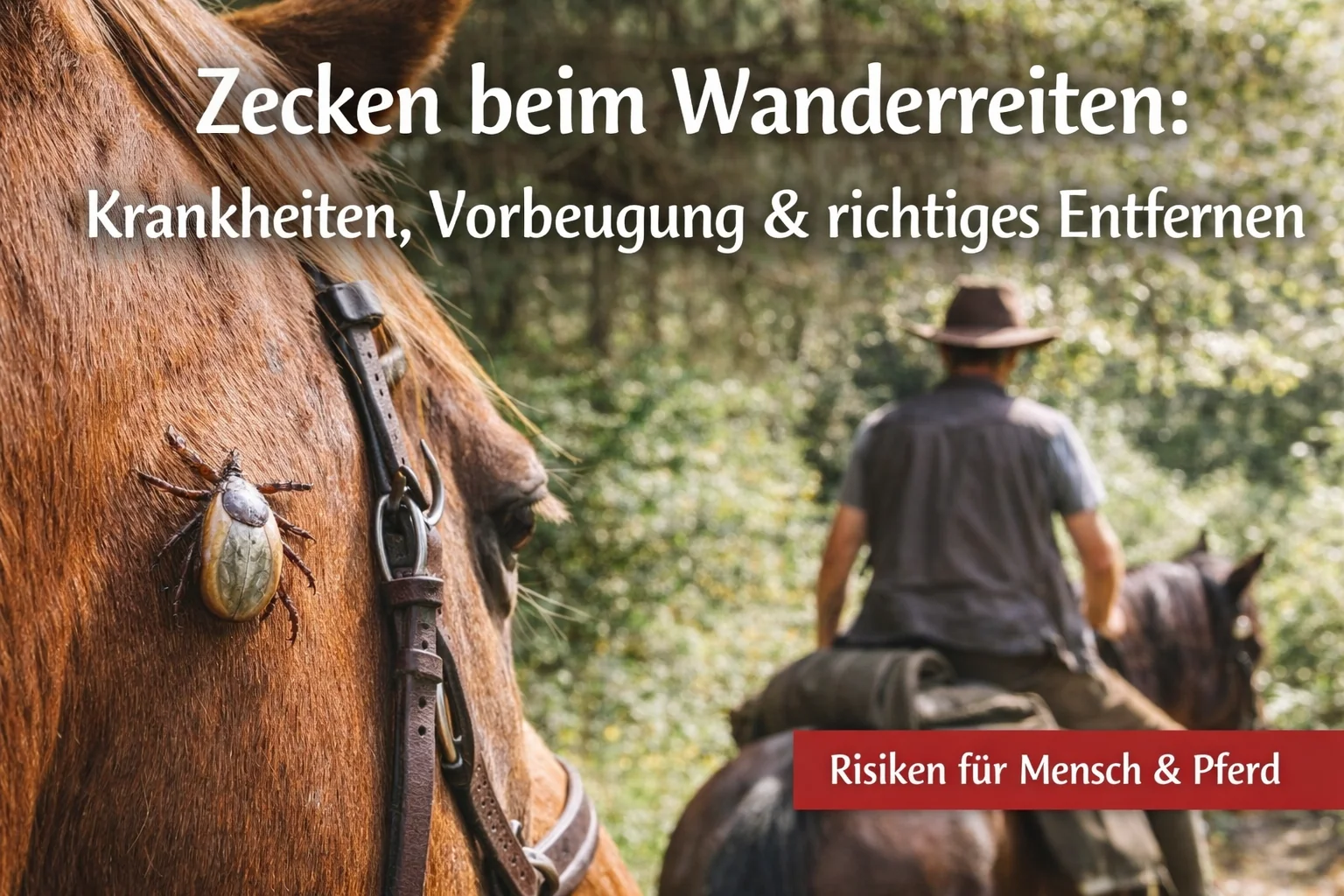 Nahaufnahme eines Pferdekopfes mit einer vollgesogenen Zecke am Hals, im Hintergrund ein Reiter auf einem Waldweg