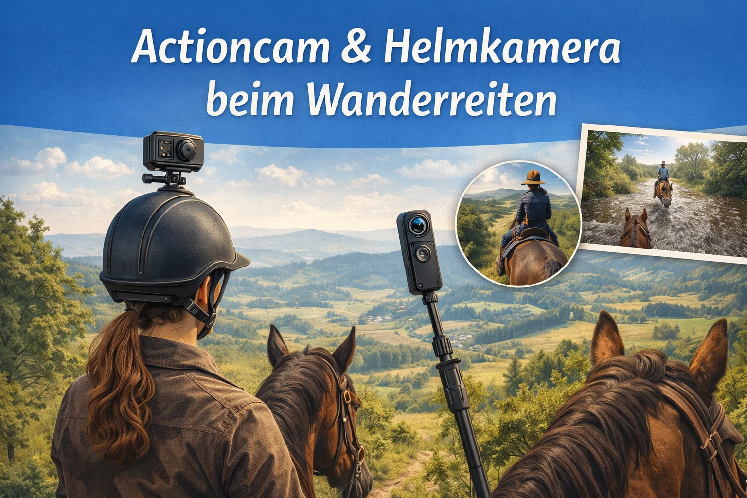 Reiterin mit Actioncam auf dem Reithelm blickt über eine hügelige Landschaft, daneben ein Kamerastab und zwei eingeblendete Aufnahmen vom Ausritt