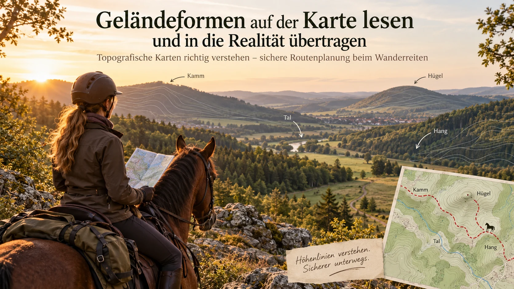 Reiterin mit aufgeschlagener Karte blickt über ein Tal; in der Landschaft und auf dem eingeblendeten Kartenausschnitt sind Kamm, Hügel, Tal und Hang beschriftet