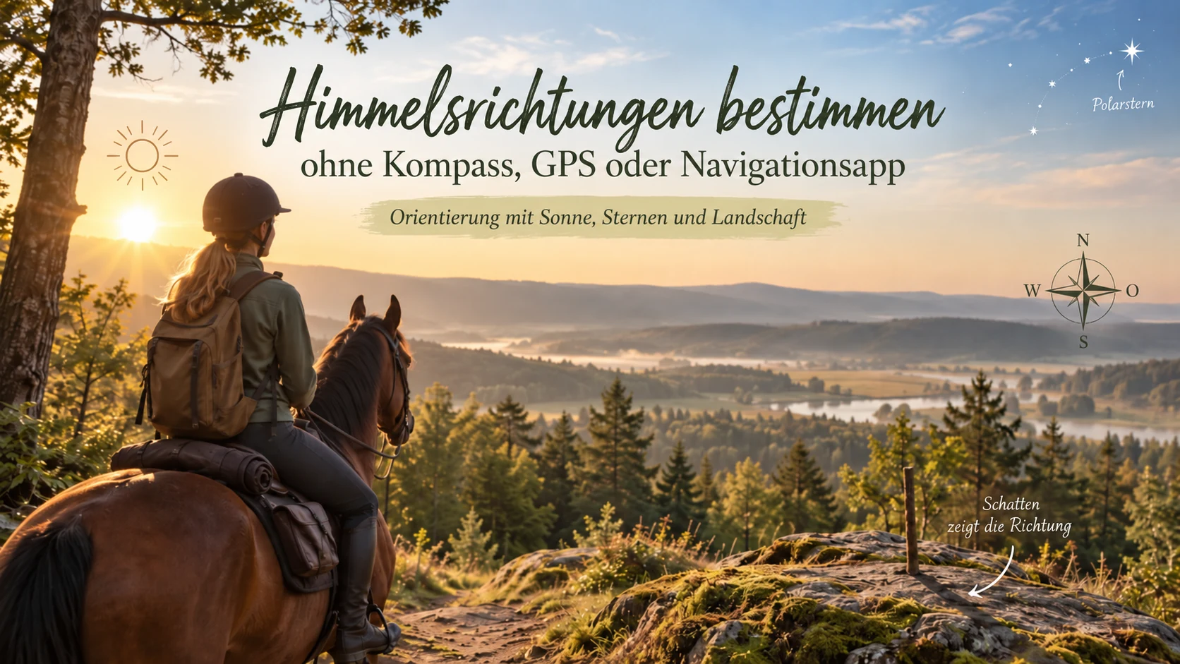 Reiterin auf einem Pferd blickt in den Sonnenaufgang über einem nebligen Tal; rechts eine Kompassrose mit Norden oben, links die Sonne, oben rechts der Polarstern und unten ein Stab mit Schattenwurf