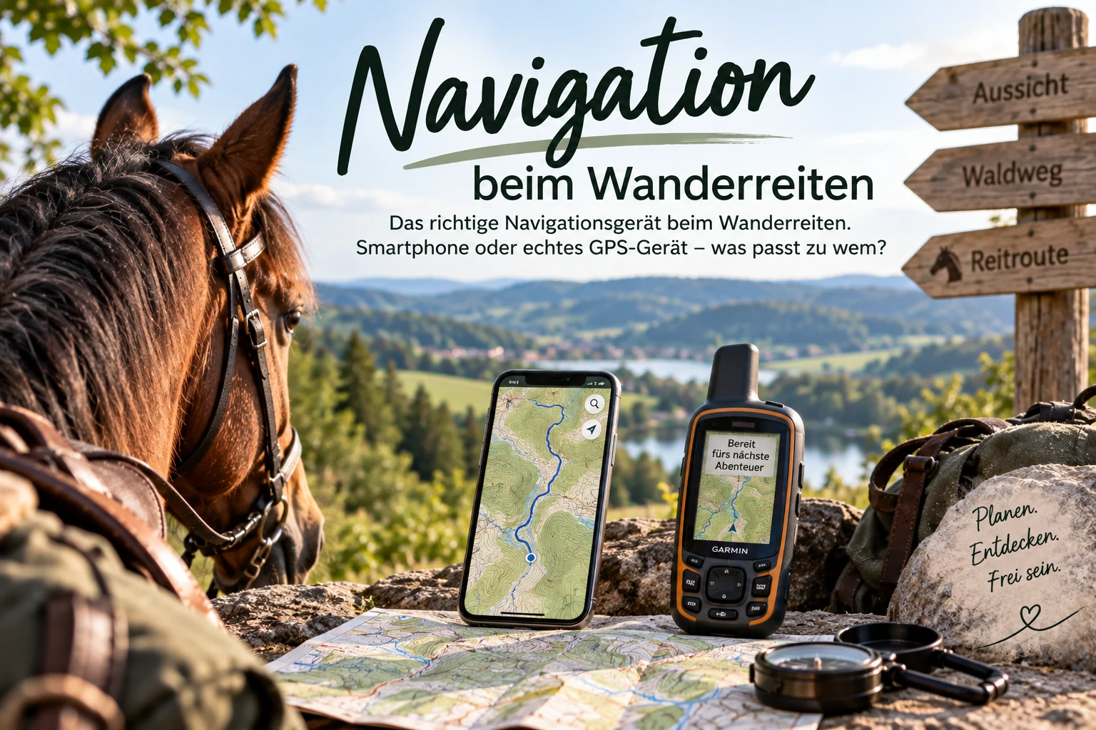 Smartphone mit Kartenapp und ein GPS-Handgerät stehen auf einer aufgeschlagenen Wanderkarte, links ein braunes Pferd, rechts ein Wegweiser mit den Schildern Aussicht, Waldweg und Reitroute