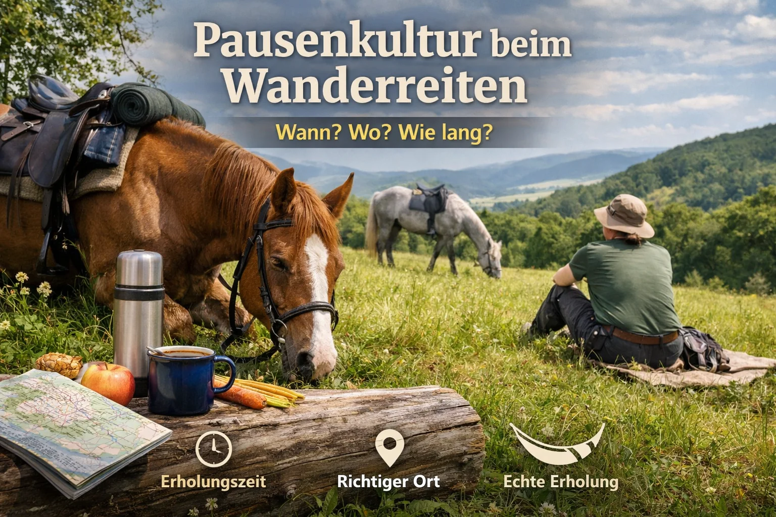 Braunes Pferd grast neben einer Picknickstelle mit Thermoskanne, Becher und Karte auf einem Baumstamm, im Hintergrund ein Schimmel und eine rastende Person