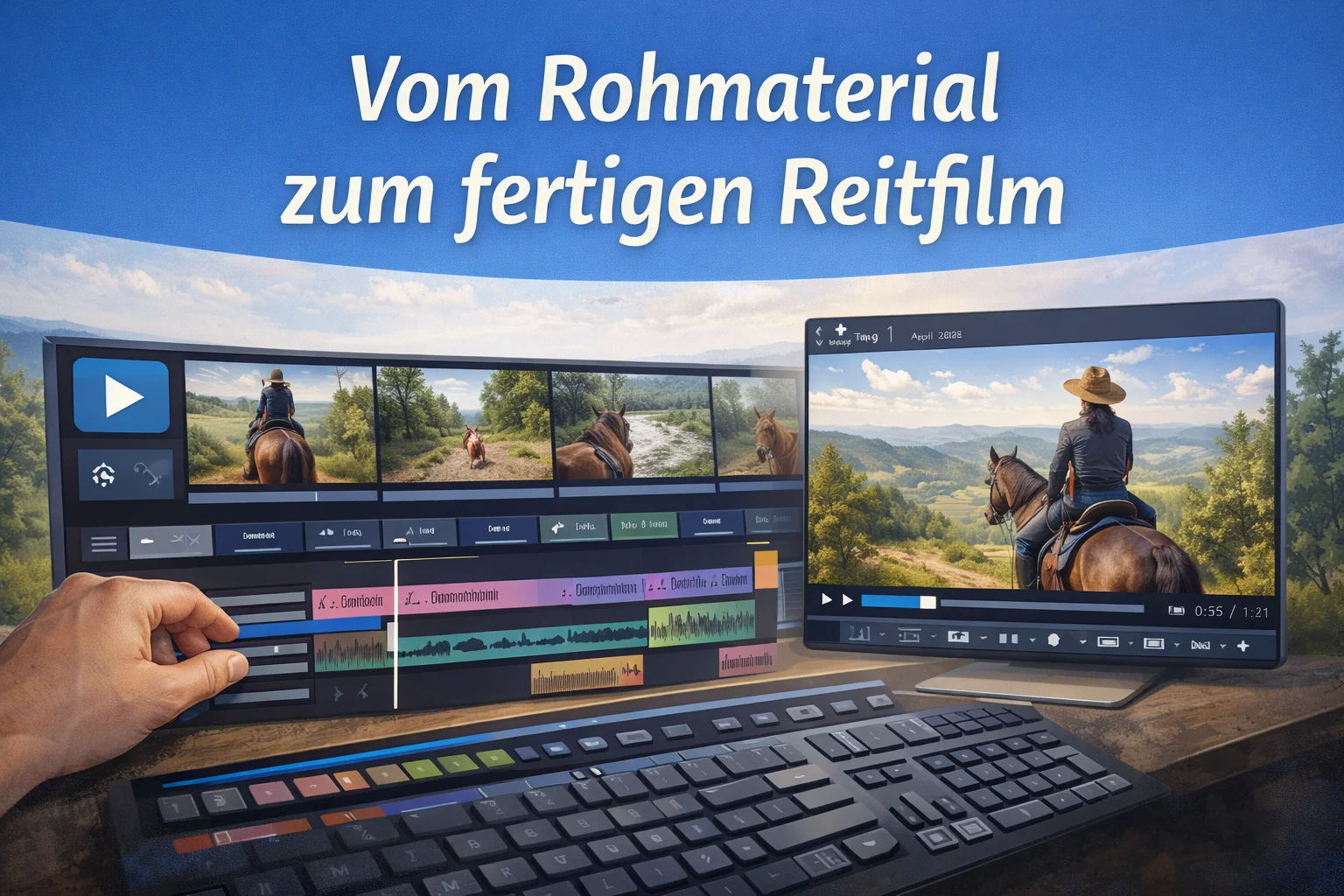 Zwei Bildschirme mit einem Videoschnittprogramm: links die Zeitleiste mit Filmclips vom Ausritt, rechts das Vorschaufenster, davor eine Tastatur