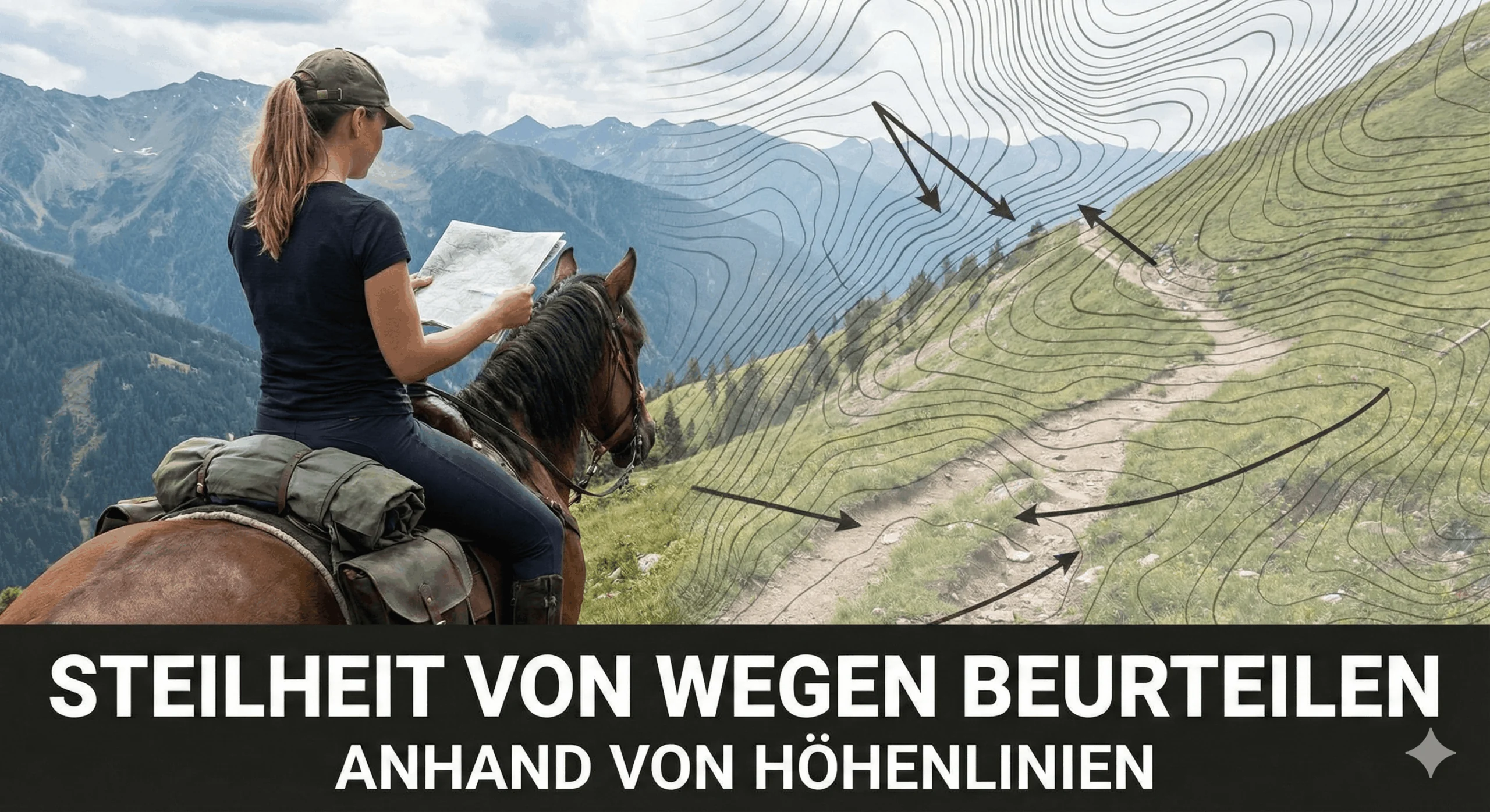 Reiterin mit Karte auf einem Pferd mit Packtaschen blickt über einen steilen Bergpfad, darüber eingeblendete Höhenlinien und Pfeile