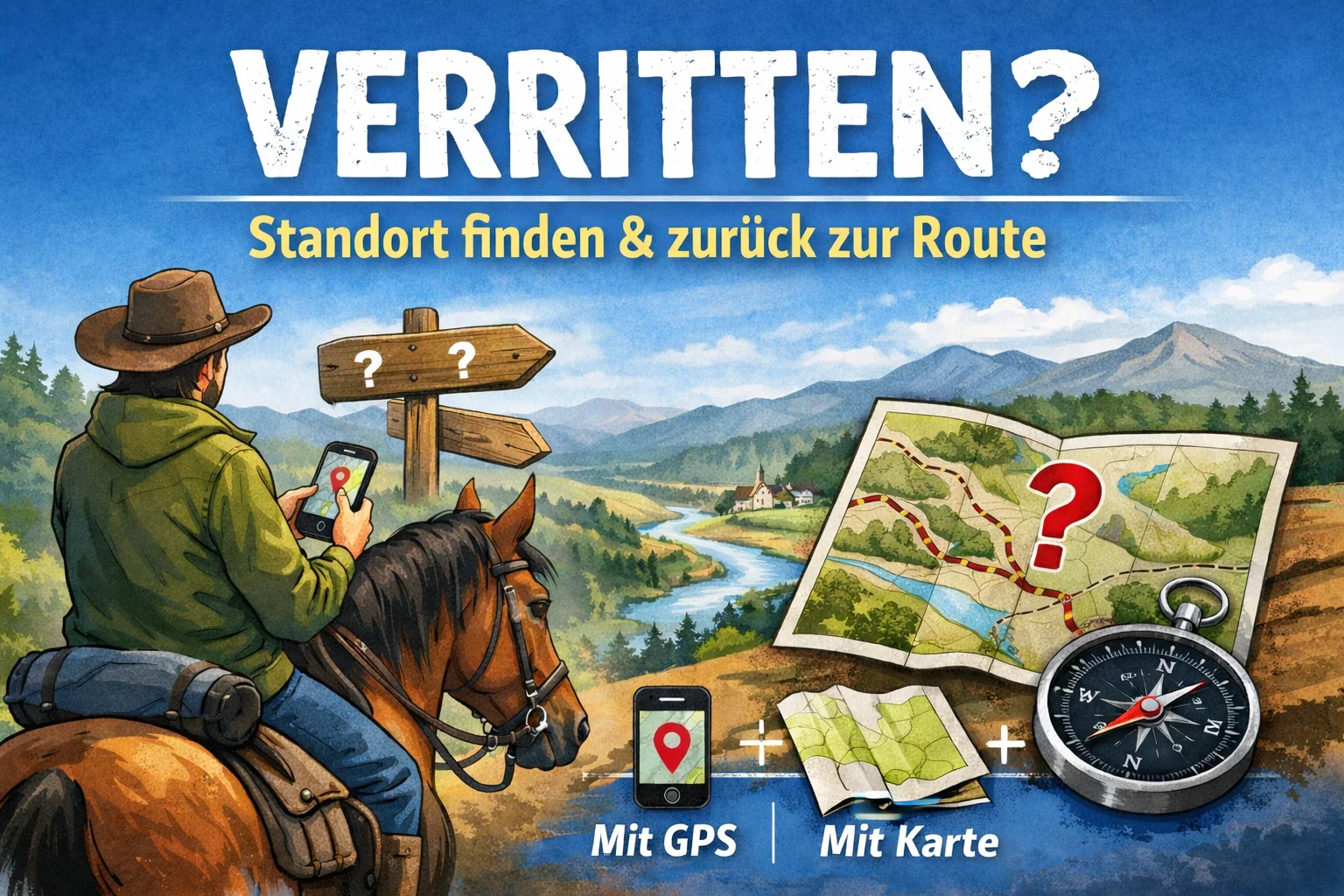 Verritten oder die Orientierung verloren beim Reiten: Standort finden und zur geplanten Strecke zurückkehren (GPS & Karte)
