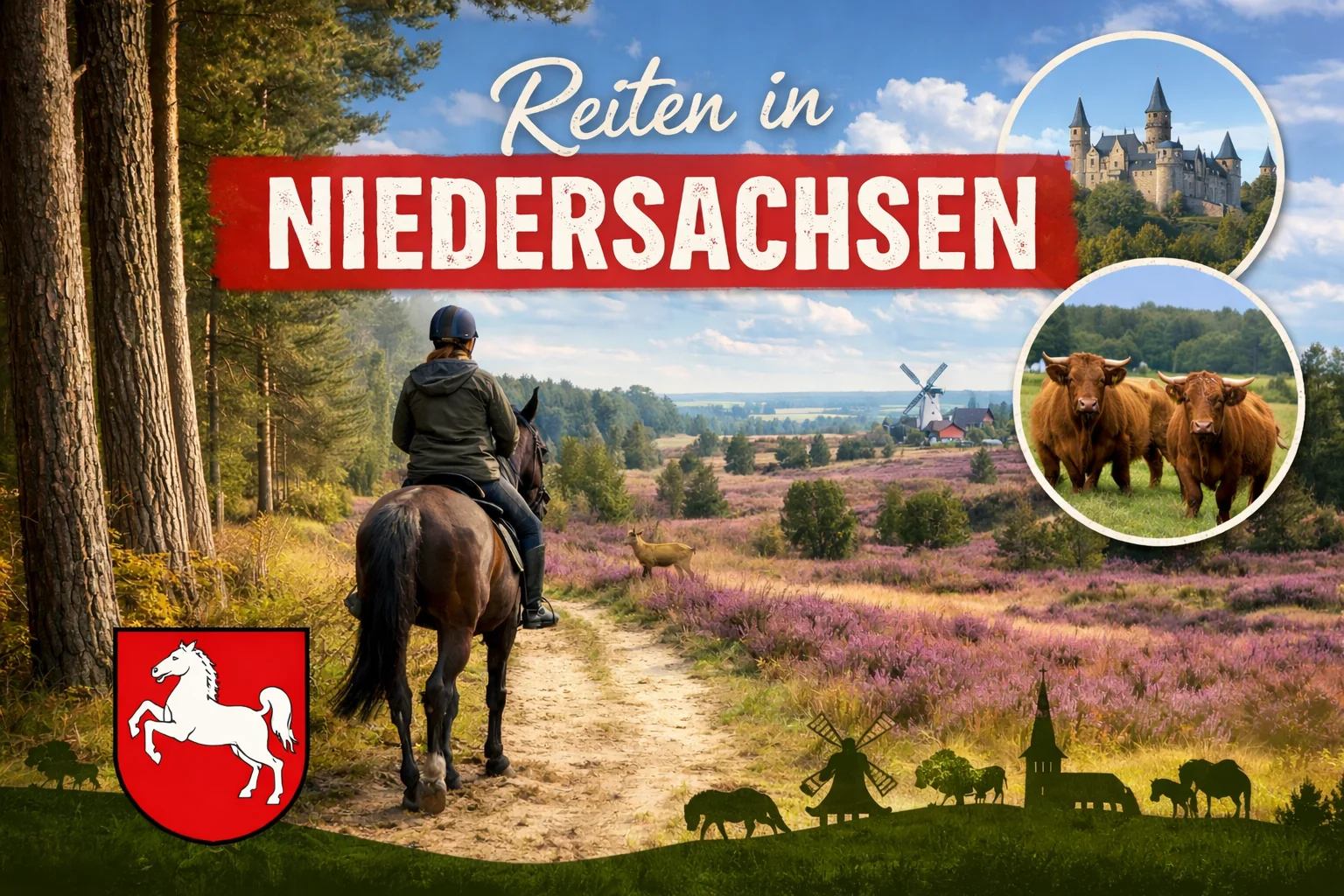 Reiter auf einem dunklen Pferd auf einem Sandweg durch blühende Heide, dahinter eine Windmühle; eingeblendet das niedersächsische Wappen mit weißem Ross
