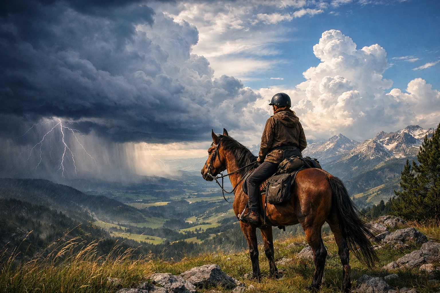 „Wetter beim Wanderreiten: Reiter auf Gepäckpferd beobachtet ein heraufziehendes Unwetter mit Gewitterwolken und Blitz