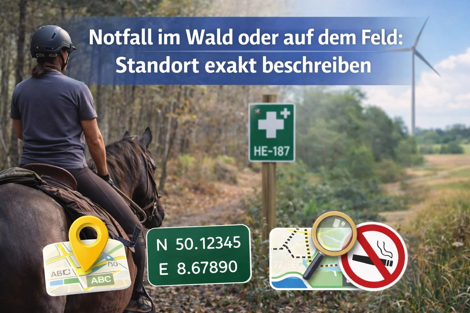Notruf im Wald: Reiter mit Pferd an einem Rettungspunkt im Wald, ergänzt durch GPS-Koordinaten und Kartenhinweise zur genauen Standortbeschreibung für Feuerwehr und Rettungsdienst